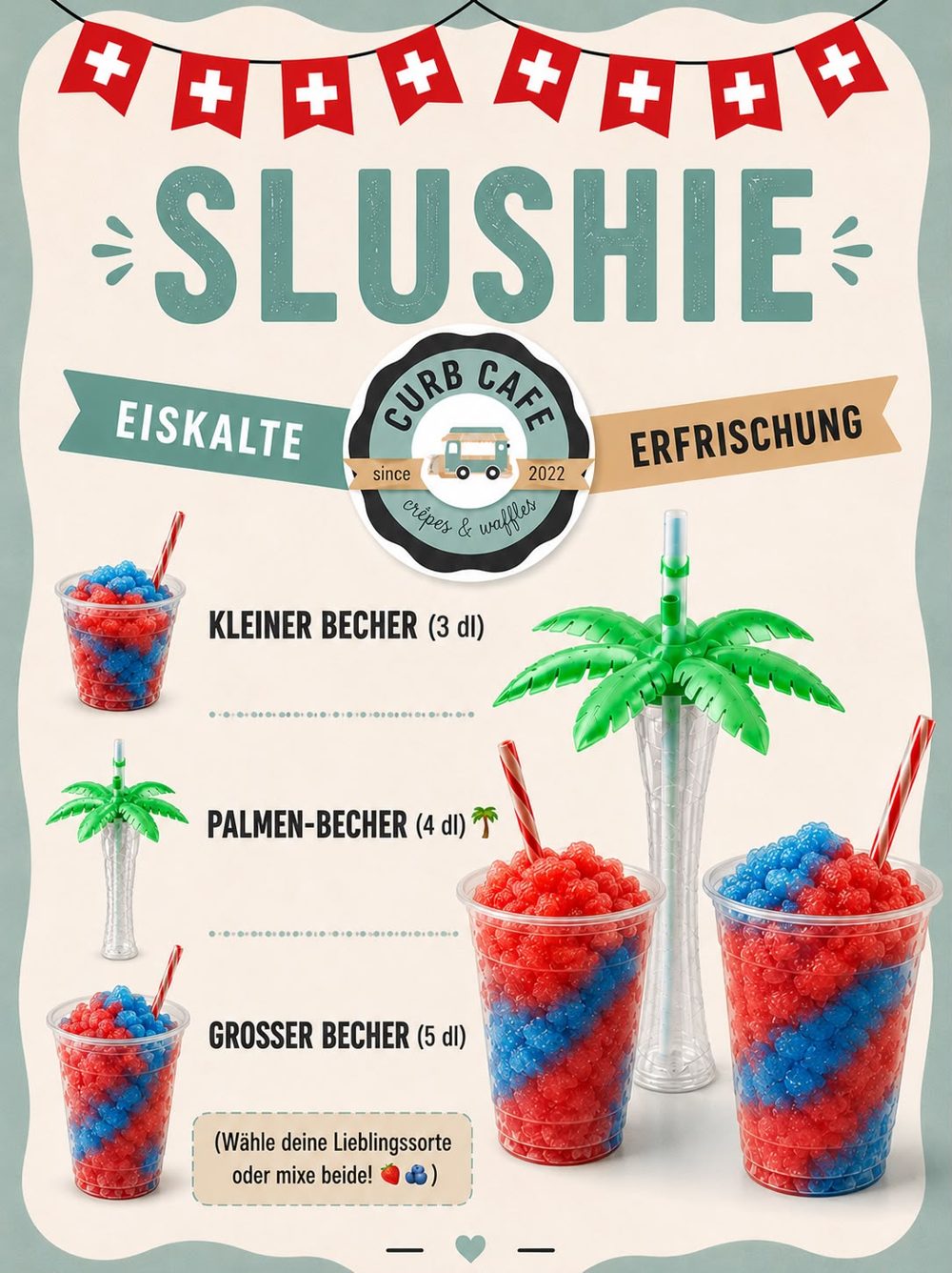 Curb Cafe slushie poster with small, palm and large cups